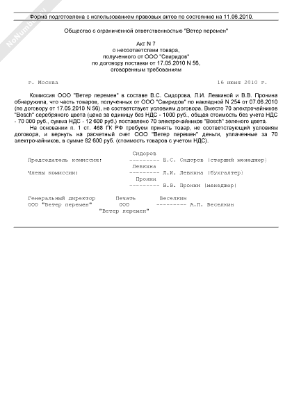 Акт несоответствия товара по договору поставки образец в рк
