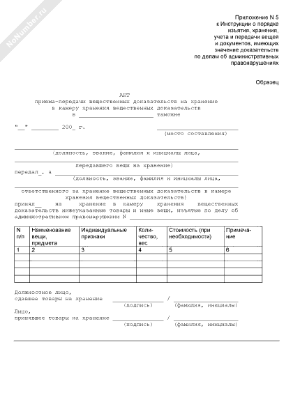Акт передачи вещественных доказательств по уголовному делу образец