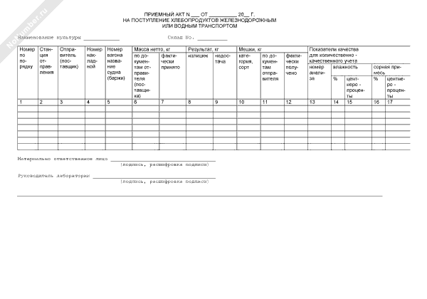 Приемный акт на поступление хлебопродуктов железнодорожным
