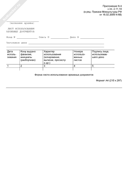 Лист использования документов архива образец
