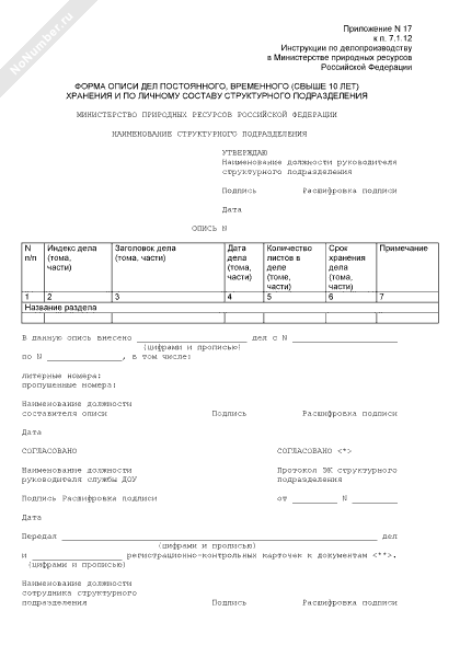 Опись дел структурного подразделения образец