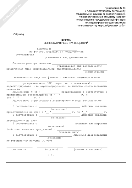 Типовая форма выписки из реестра лицензий