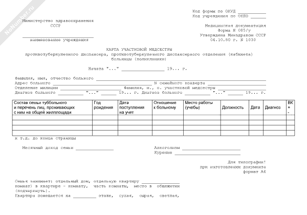 Форма 085 у карта наблюдения за очагом туберкулезной инфекции