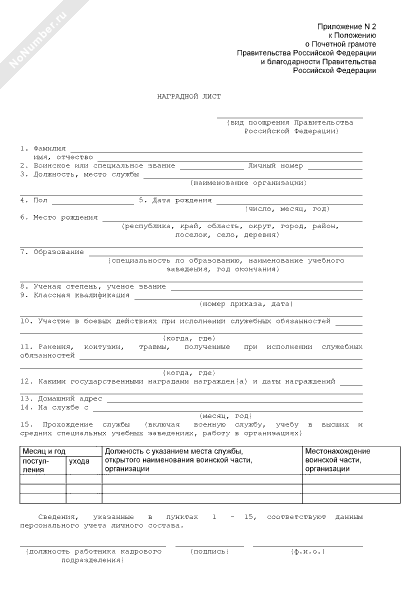 Приложение к наградному листу образец
