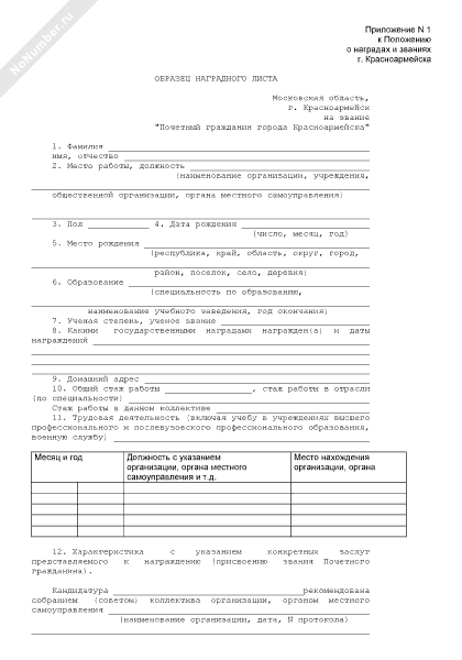 Образец наградного листа на медаль