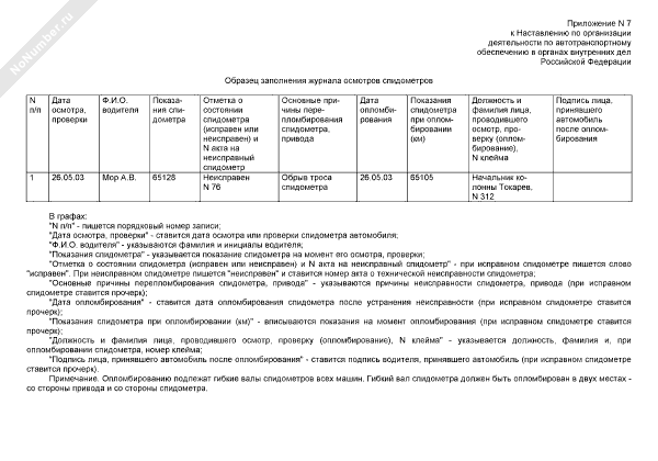 Приказ на снятие показаний спидометра образец