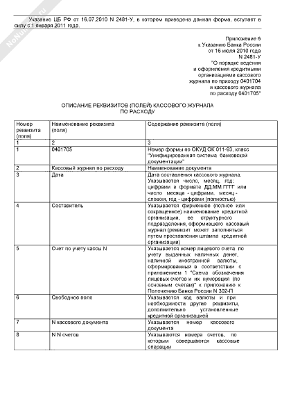 Кассовый журнал по расходу 0401705 образец заполнения