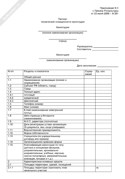 Паспорт технической оснащенности киностудии