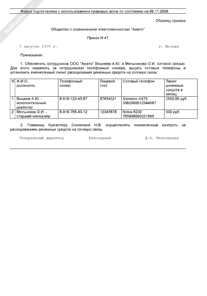 Образец приказа на компенсацию сотовой связи работникам