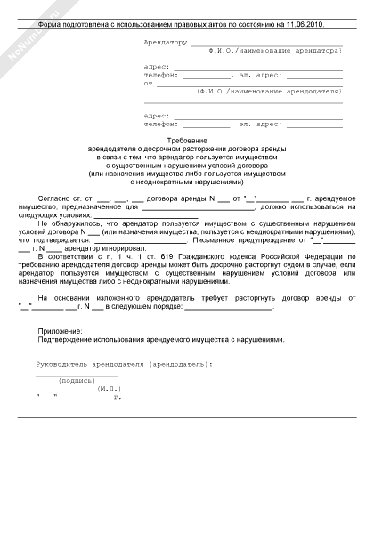 Уведомление о расторжении договора аренды по инициативе арендодателя образец