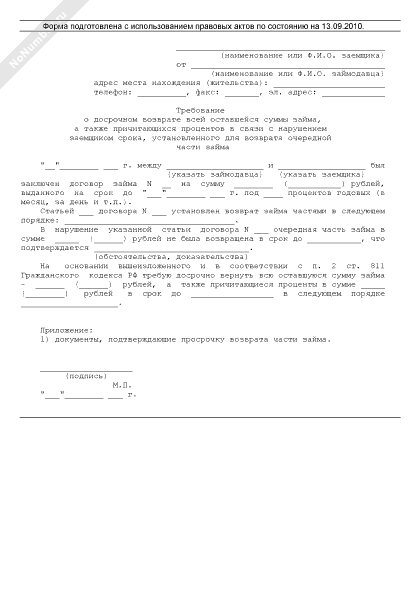 Требование о возврате займа образец