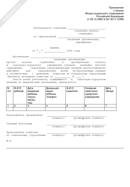 Заявка страхователя об оказании помощи в оплате путевок