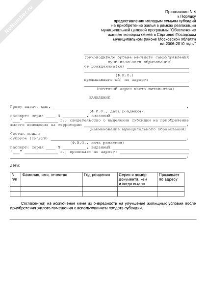 Заявление на получение свидетельства о выделении субсидии на приобретение жилого помещения в рамках реализации муниципальной целевой программы Обеспечение жильем молодых семей в Сергиево-Посадском муниципальном районе Московской области на 2006-2010 