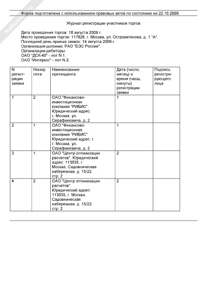 Журнал регистрации участников аукциона образец